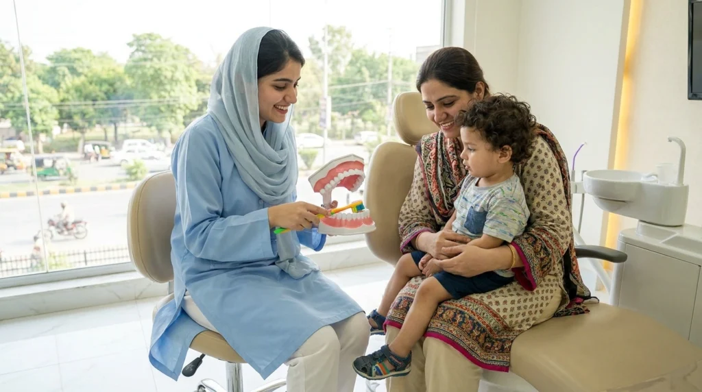 A calm first dentist visit with the child sitting on the parent’s lap