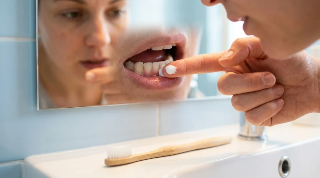 Applying sensitivity toothpaste directly to a sensitive spot at the gumline