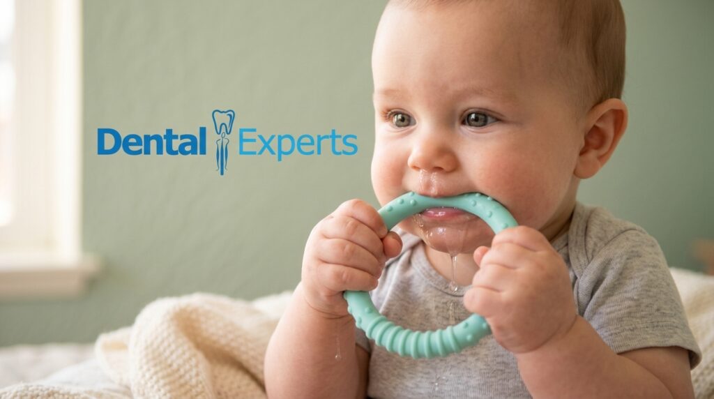 Baby chewing a cold teething ring during teething