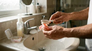 Brushing a denture with a soft brush over a basin of water as part of daily false teeth care
