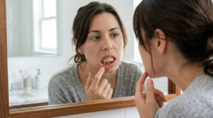 Checking tartar buildup along the gumline of the lower front teeth