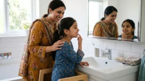 Child gently wiggling a loose milk tooth at home while a parent watches
