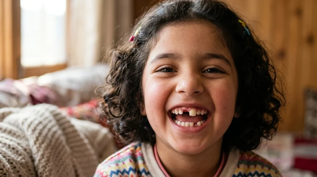 Child in the mixed dentition stage with milk teeth and new permanent teeth together