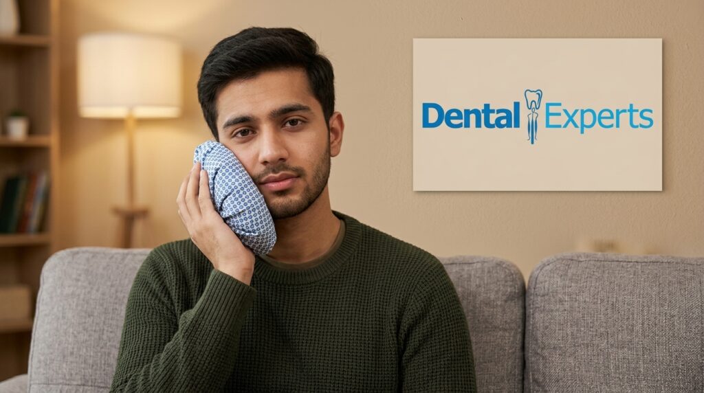 Cold compress held against the cheek after a tooth extraction