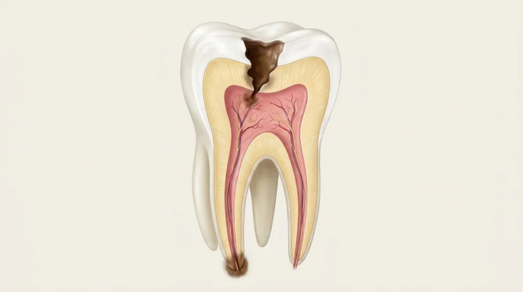 Cross-section of a tooth showing the pulp, root canals and infection at the root tip
