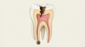 Cross-section of a tooth showing the pulp, root canals and infection at the root tip