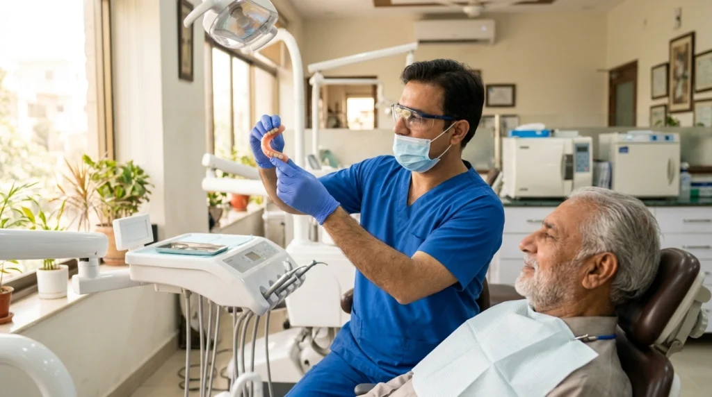 Dentist checking the fit of a denture, which needs relining every one to two years
