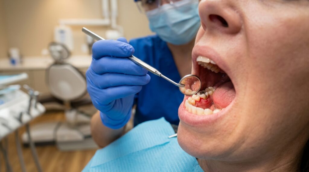 Dentist examining a patient's gums for signs of bleeding and swelling