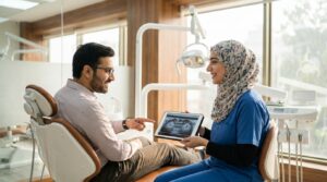 Dentist explaining a tooth cavity diagnosis to a patient using a digital x ray