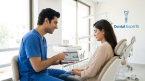 Dentist explaining the right treatment plan for tooth pain to a patient