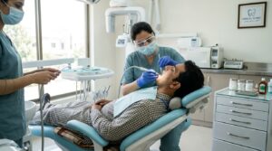 Dentist performing a deep cleaning procedure to treat gum disease