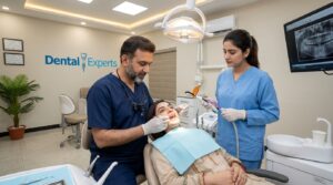Dentist placing a filling to stop a cavity from spreading