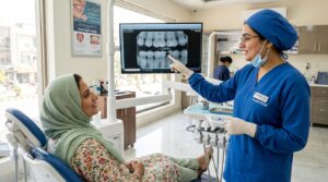Dentist showing early cavity detected on a dental x ray