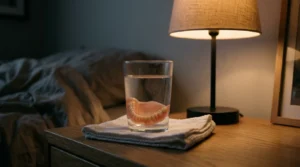Dentures soaking in cool water overnight while the gums rest