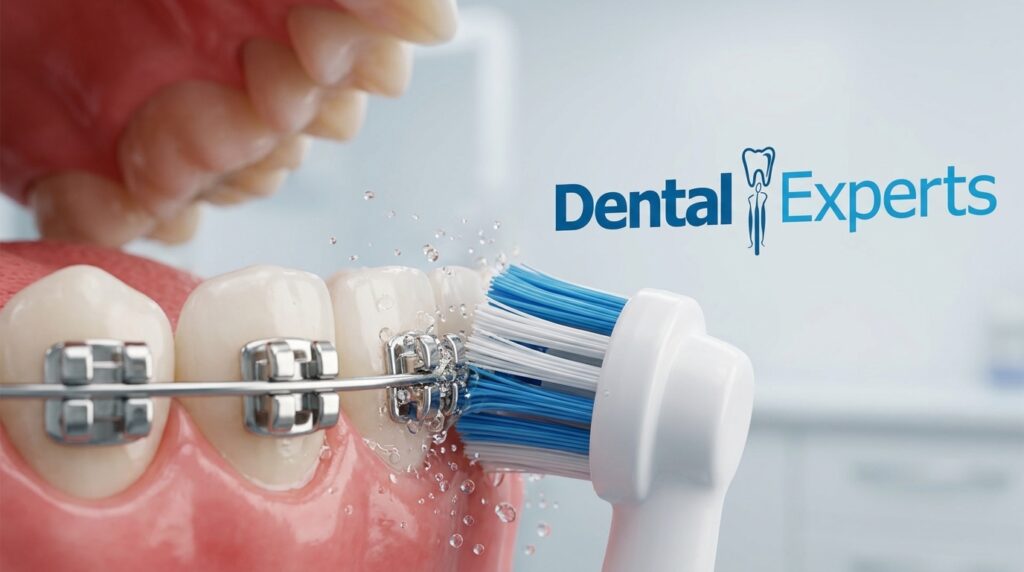 Electric toothbrush head cleaning around dental braces