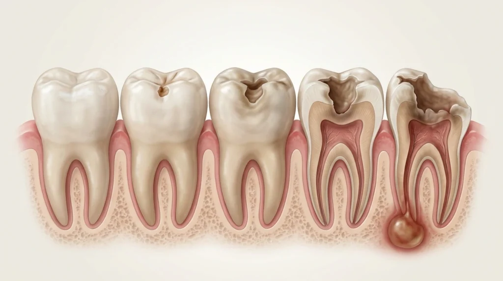 Five stages of tooth decay from reversible white spot to abscess