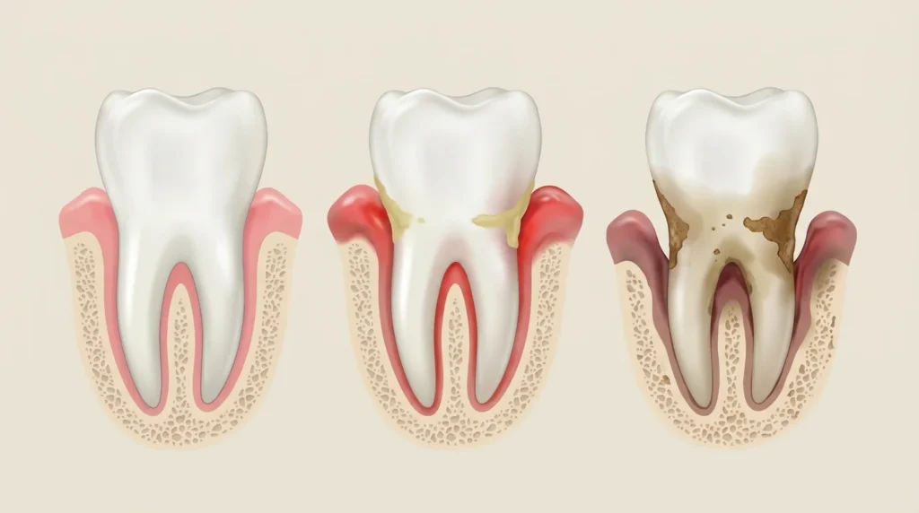 Healthy gum, gingivitis and periodontitis compared