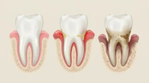 Healthy gum, gingivitis and periodontitis compared
