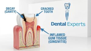 Illustration showing different causes of tooth pain inside a tooth