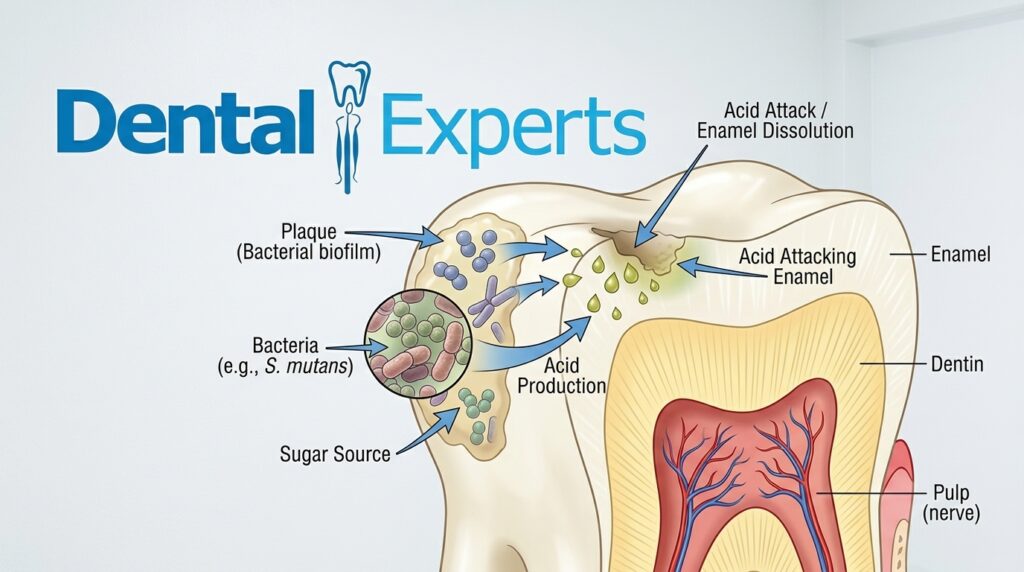 Illustration showing how bacteria and acid cause tooth decay