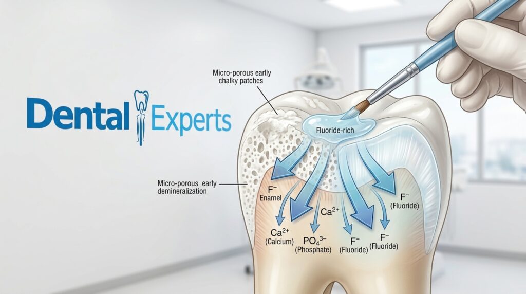 Illustration showing how fluoride reverses early tooth decay
