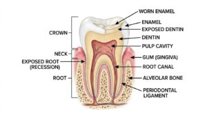 Illustration showing how worn enamel causes tooth sensitivity