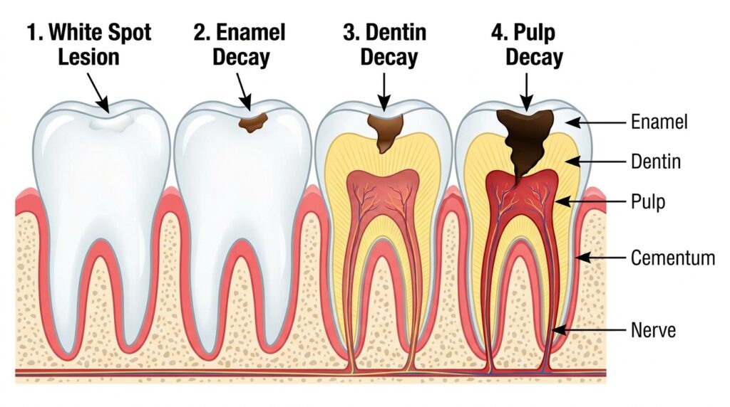 Illustration showing the different stages of tooth decay inside a tooth