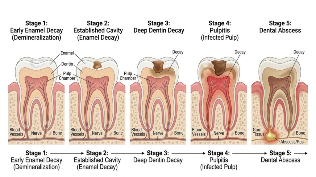 Illustration showing the five stages of cavities and decay