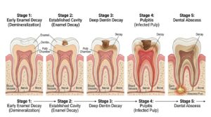 Illustration showing the five stages of cavities and decay