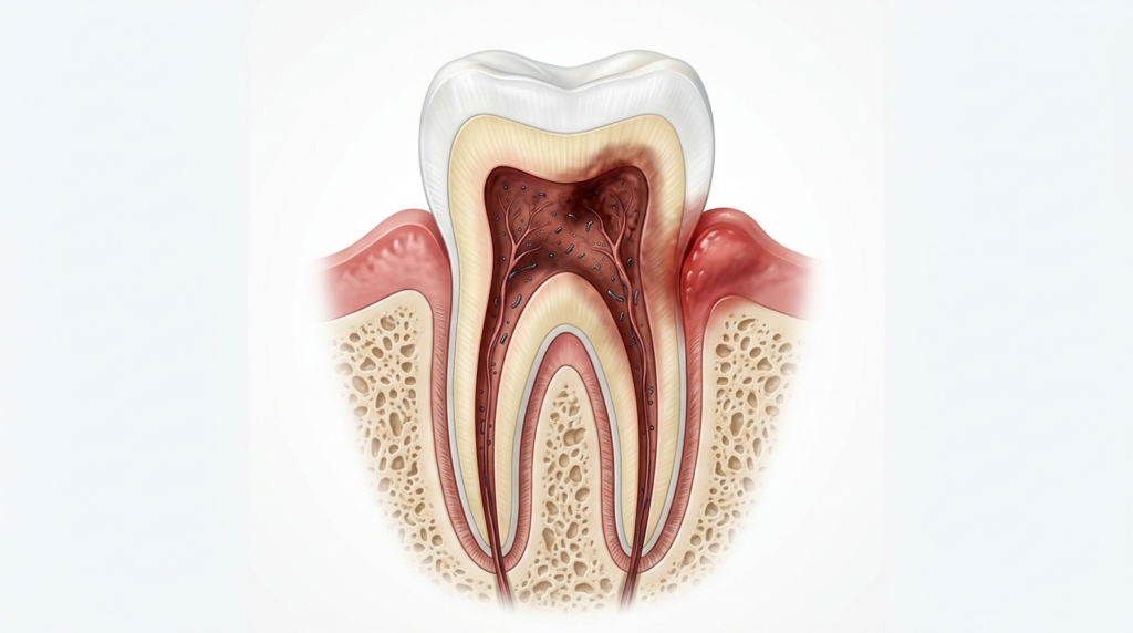 Infected tissue sealed inside a tooth where antibiotics cannot reach
