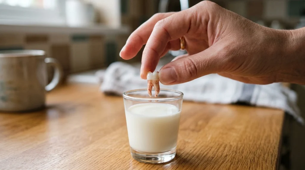 Knocked-out tooth held by the crown and kept in milk on the way to the dentist