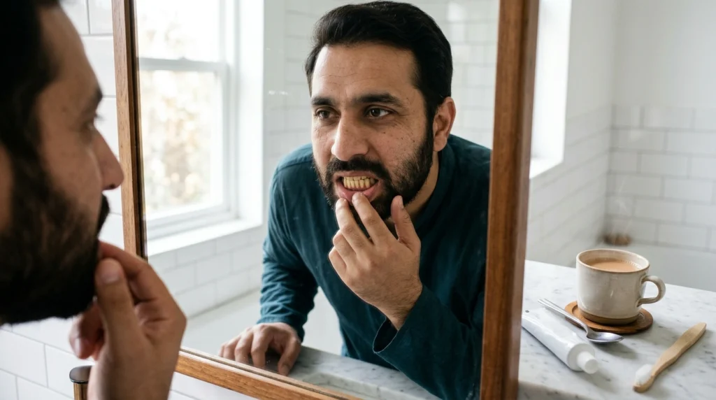 Man checking yellow teeth in a mirror to judge whether the colour is stain or the tooth itself