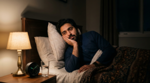 Man with a toothache at night resting with his head raised on pillows