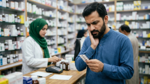 Man with tooth pain deciding between pharmacy medicine and a dentist visit