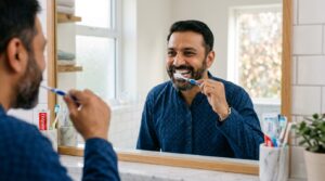 Man cleaning his teeth daily to help his dental implant last for many years.