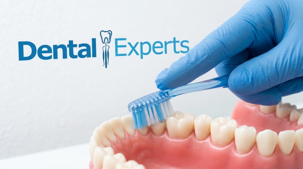 Manual toothbrush angled forty five degrees toward the gumline