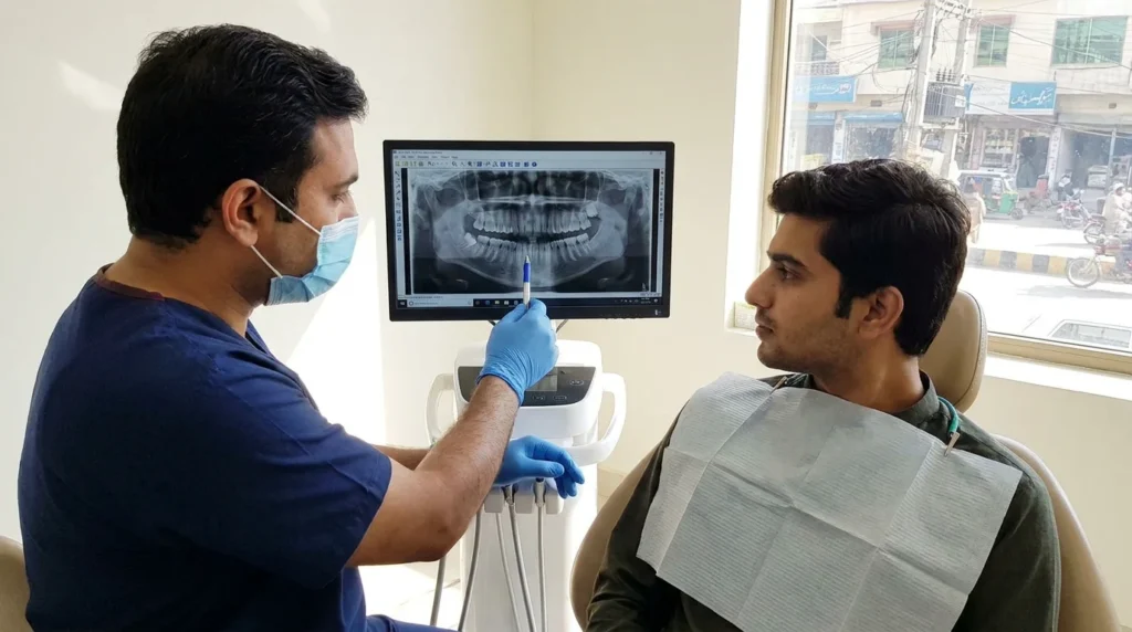 Oral surgeon explaining a wisdom tooth X-ray before deciding on removal