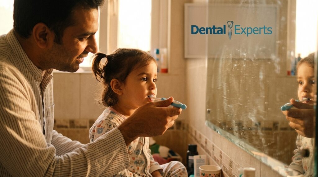 Parent brushing a toddler’s teeth with a small soft toothbrush
