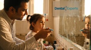 Parent brushing a toddler’s teeth with a small soft toothbrush