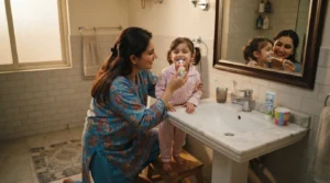 Parent brushing a young child’s teeth, the most important daily kids teeth care habit