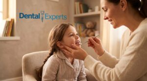Parent checking a child for early signs of a cavity