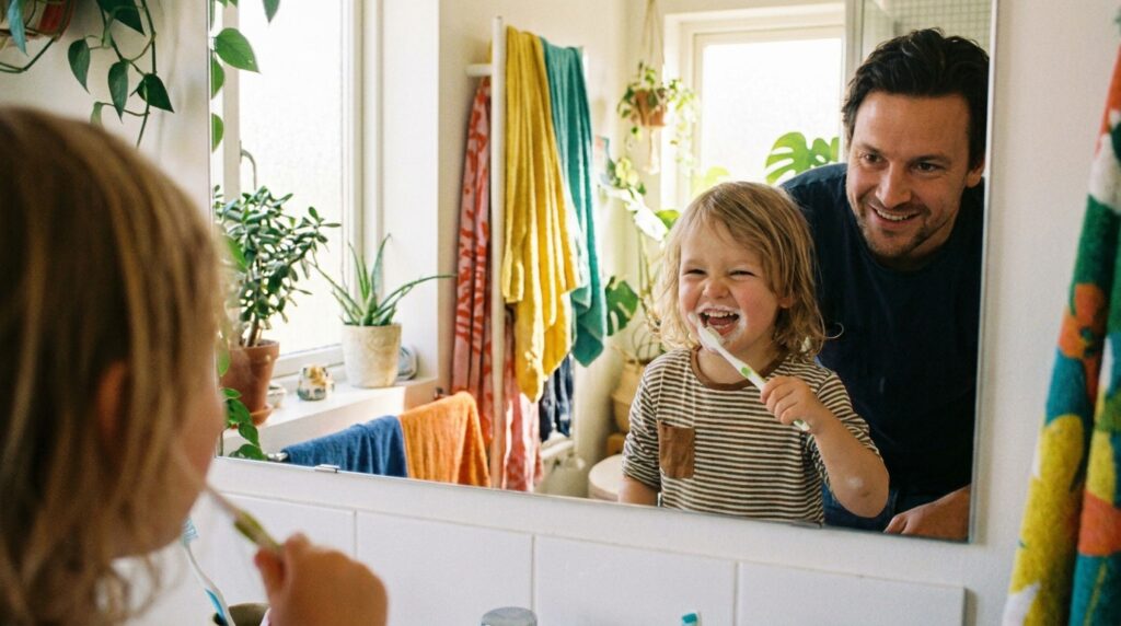Parent supervising a child while brushing teeth to prevent cavities