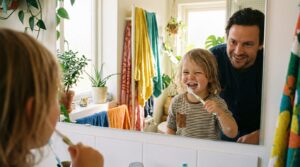 Parent supervising a child while brushing teeth to prevent cavities