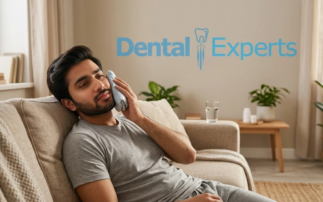 Patient recovering at home after a tooth extraction with a cold compress