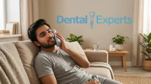 Patient recovering at home after a tooth extraction with a cold compress