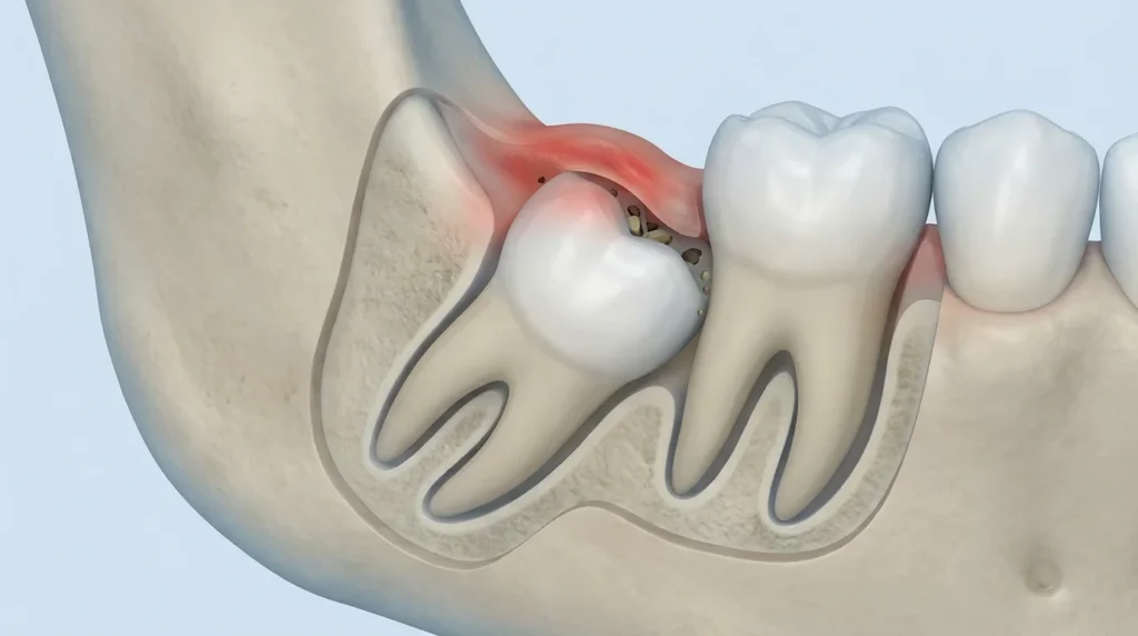 Pericoronitis, infection under the gum flap over a partly erupted wisdom tooth