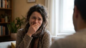 Person feeling self conscious about bad breath while talking to someone