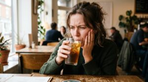 Person reacting to tooth sensitivity from cold drink