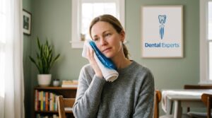 Person using a cold compress at home to ease tooth pain and swelling