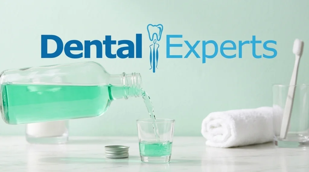 Pouring mouthwash into a measuring cup for a daily rinse